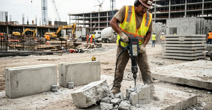 Фибробетон полимерная фибра, тест отбойным молотком